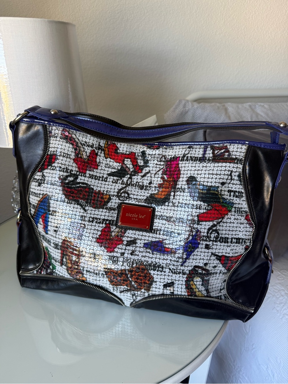 Nicole Lee Black Multicolor Sequined Shoe-Print Shoulder Bag with Purple Trim